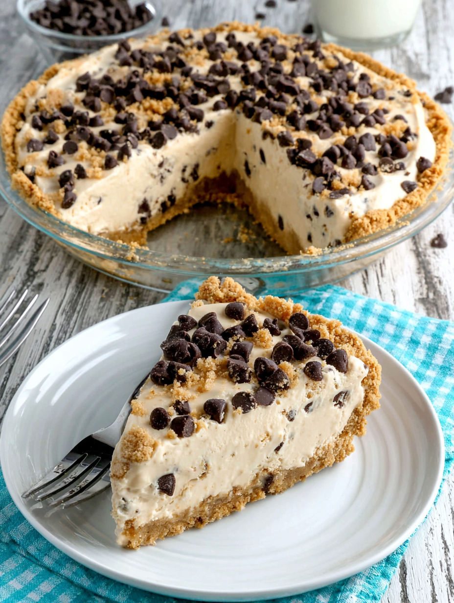 A slice of chocolate chip peanut butter pie.