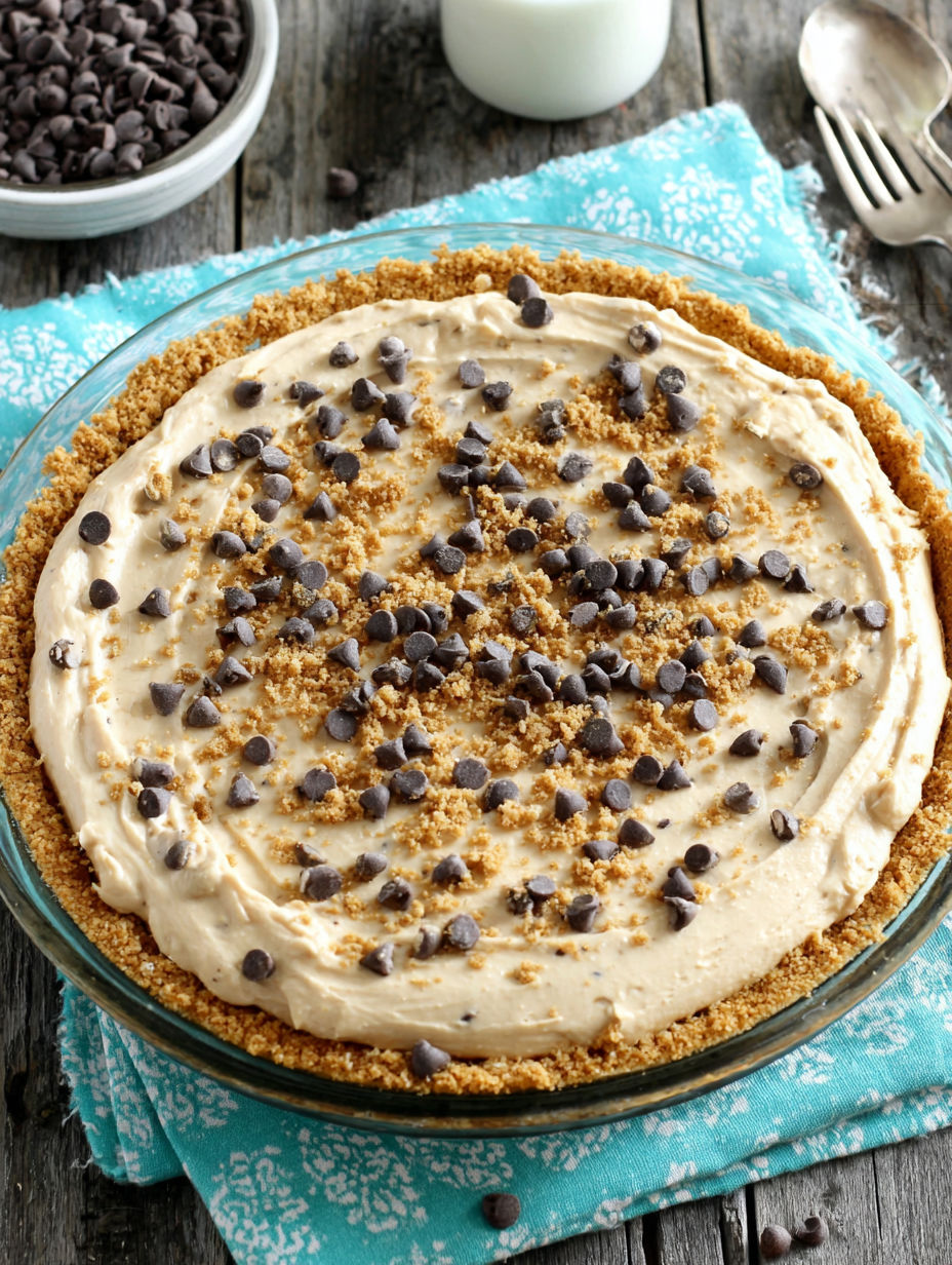 A slice of chocolate chip peanut butter pie.