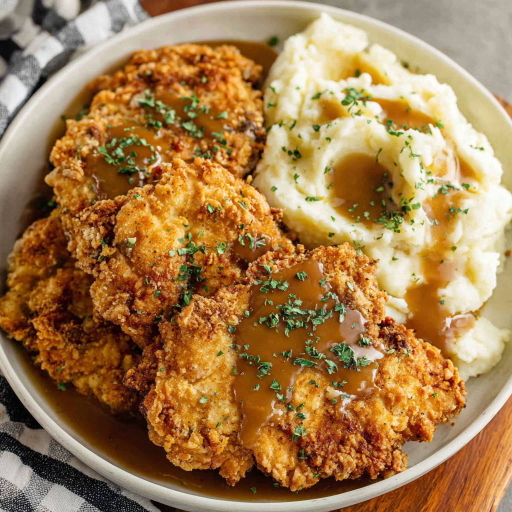 Plate of country fried chicken and mashed potatoes.