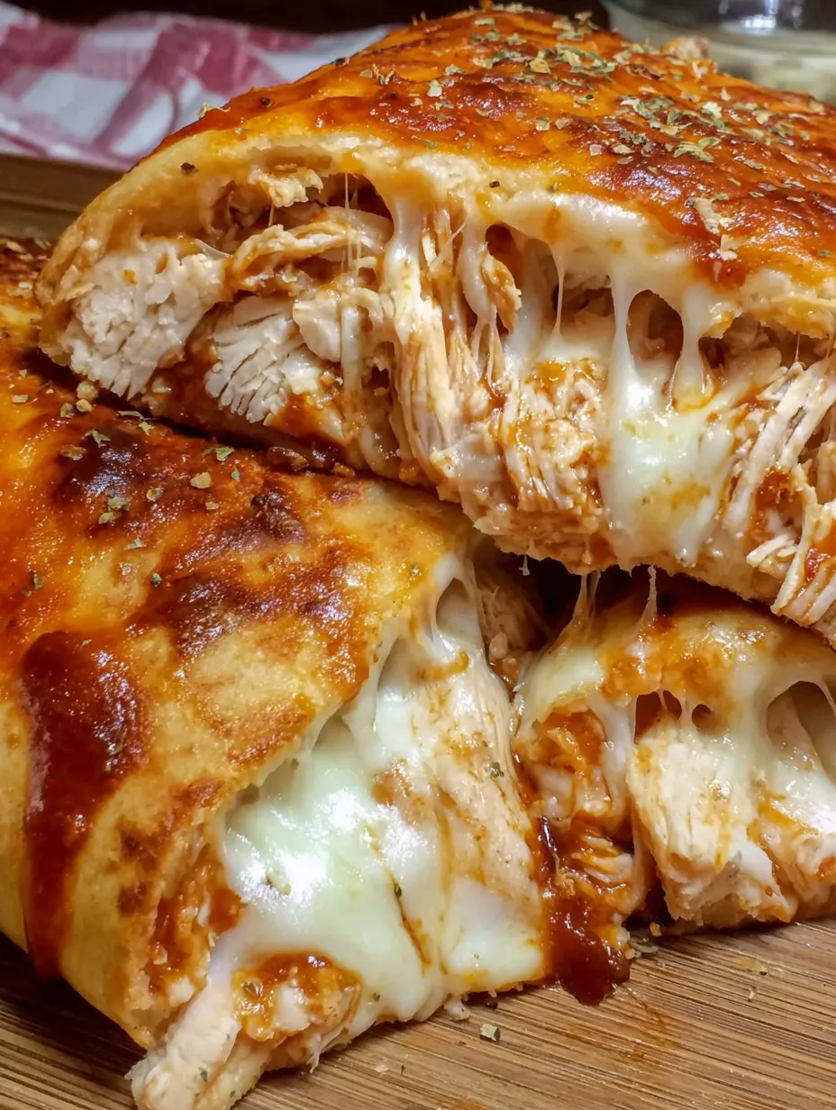 BBQ chicken stromboli sliced open on a wooden table ready to eat.