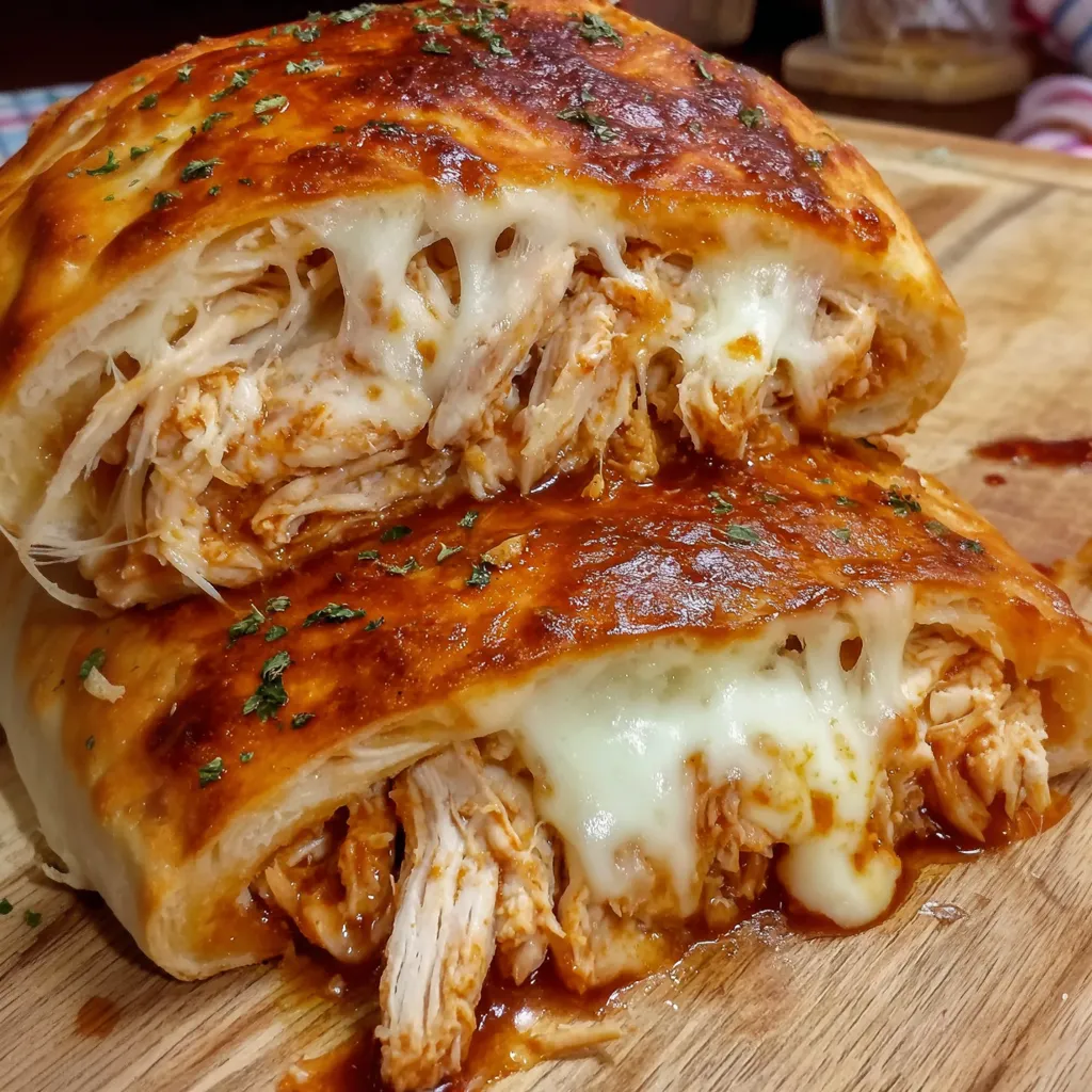 Golden-brown BBQ chicken stromboli sitting on a rustic wooden table.