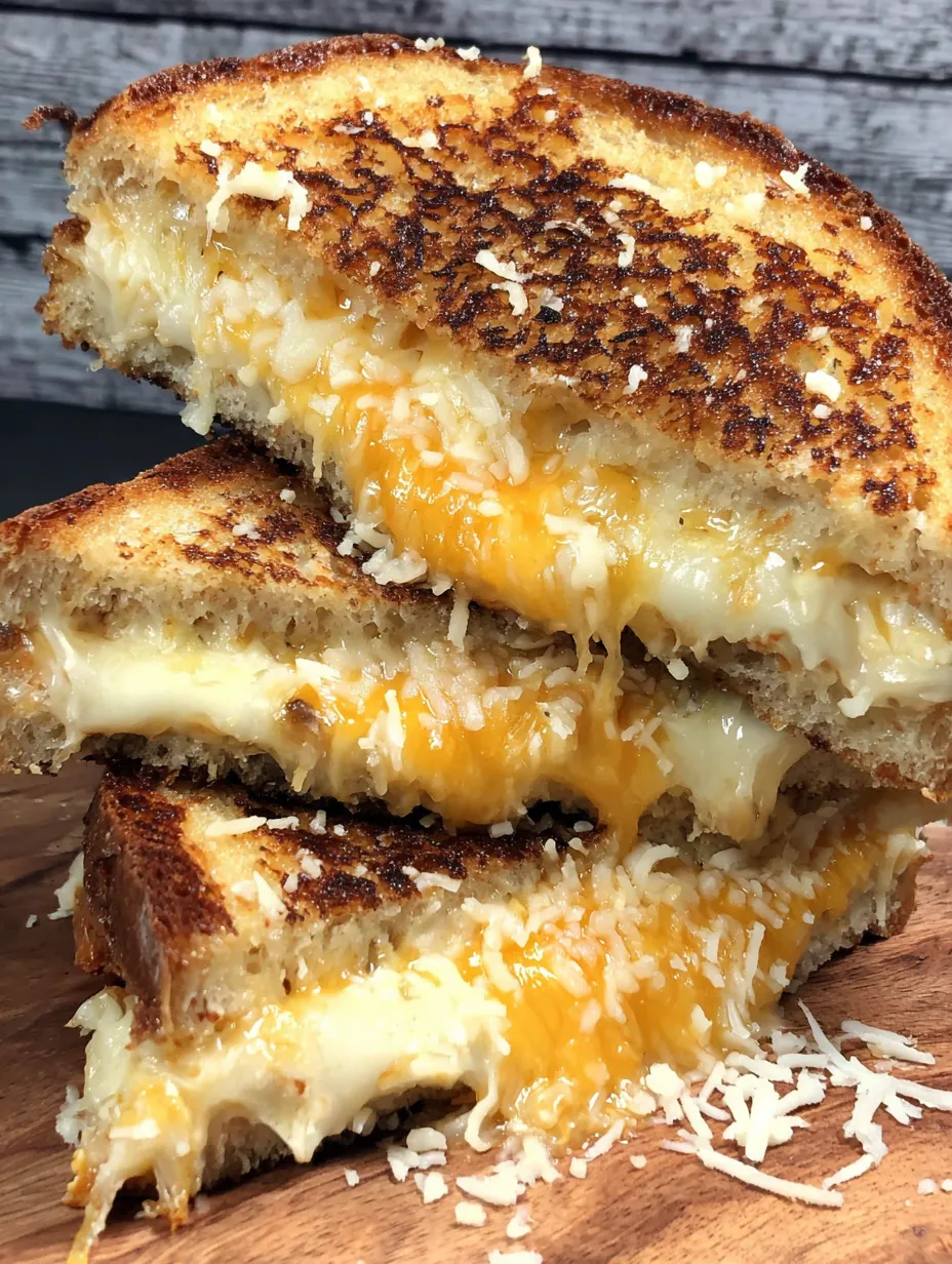Close up shot of a stacked cheesy sandwich.