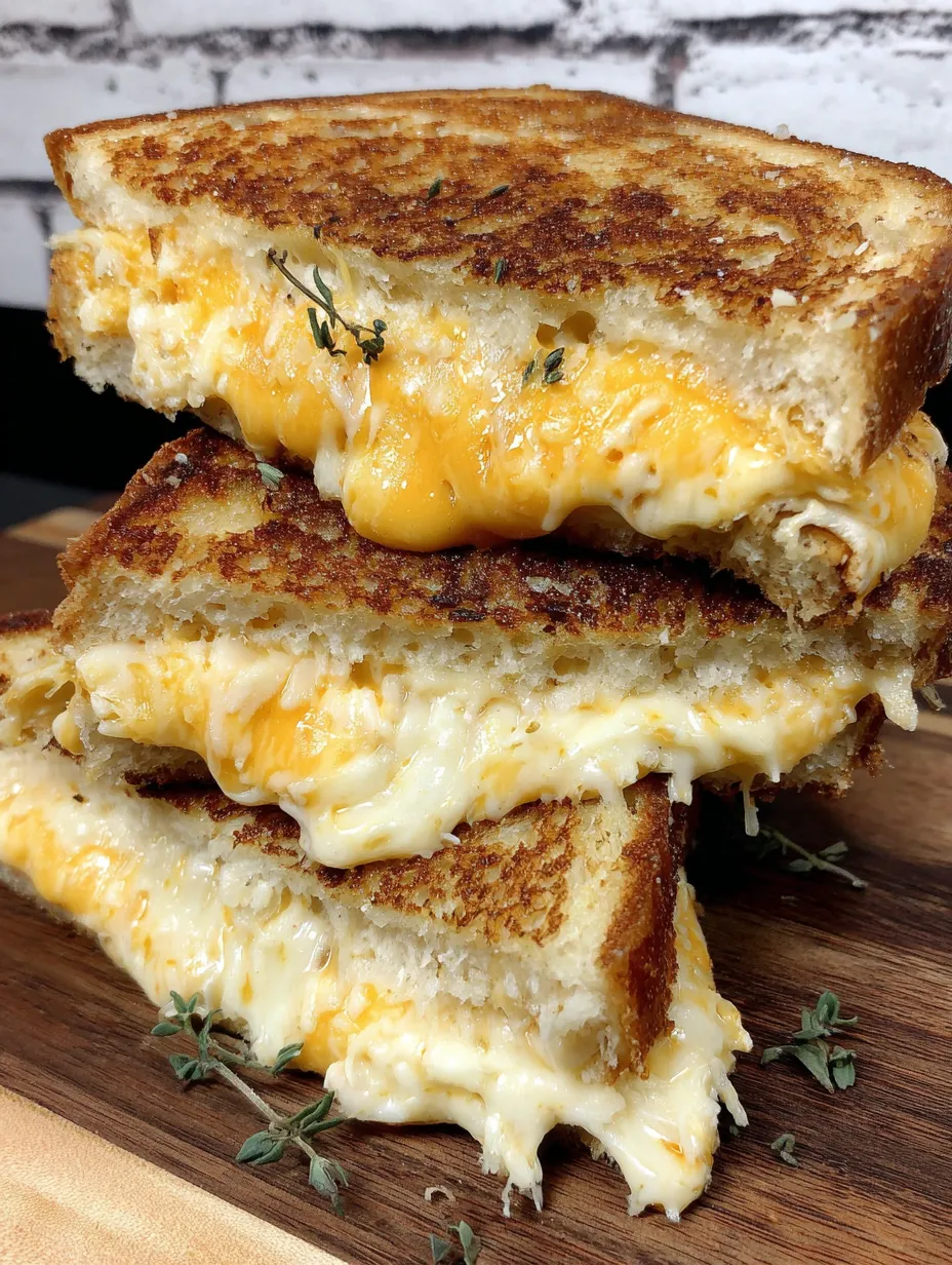 Tall stack of cheesy sandwiches on a board.