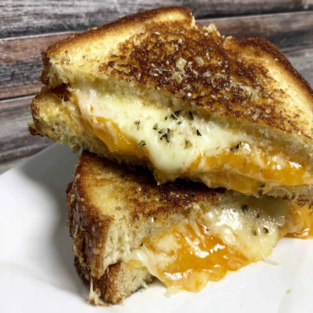 A cheesy grilled sandwich topped with an egg.