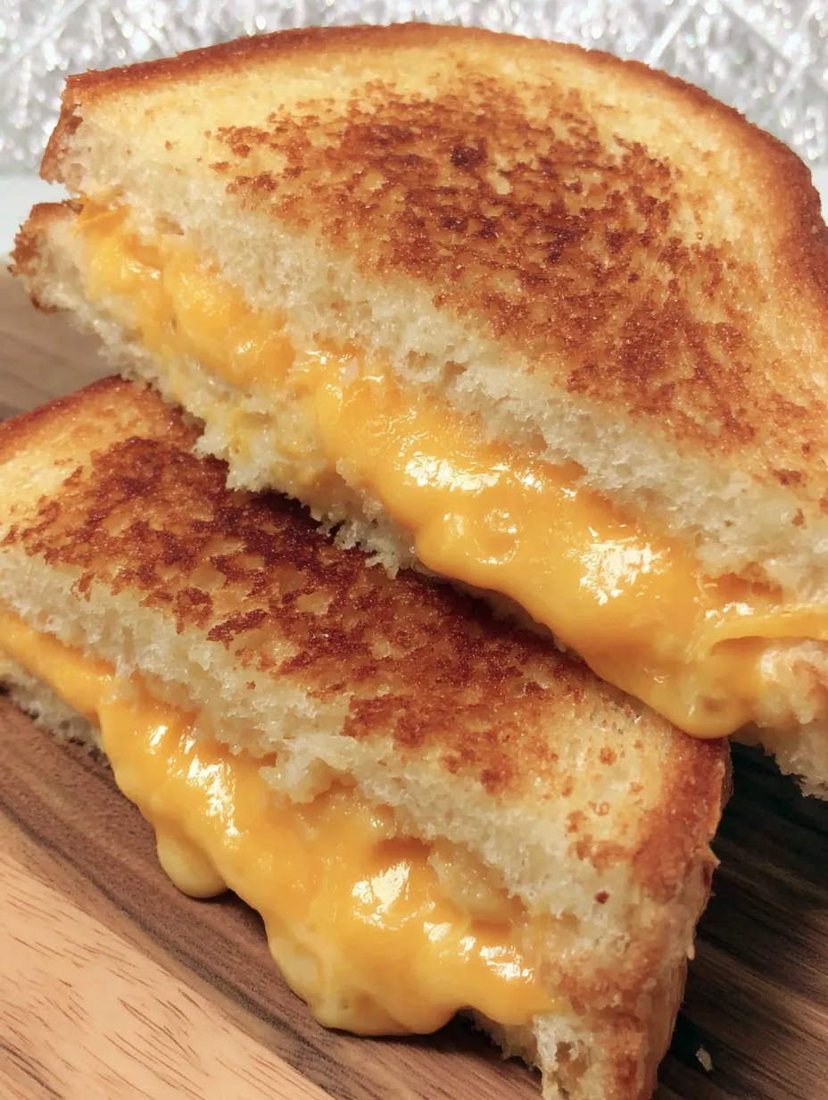 Two grilled cheese sandwiches with melted cheese.