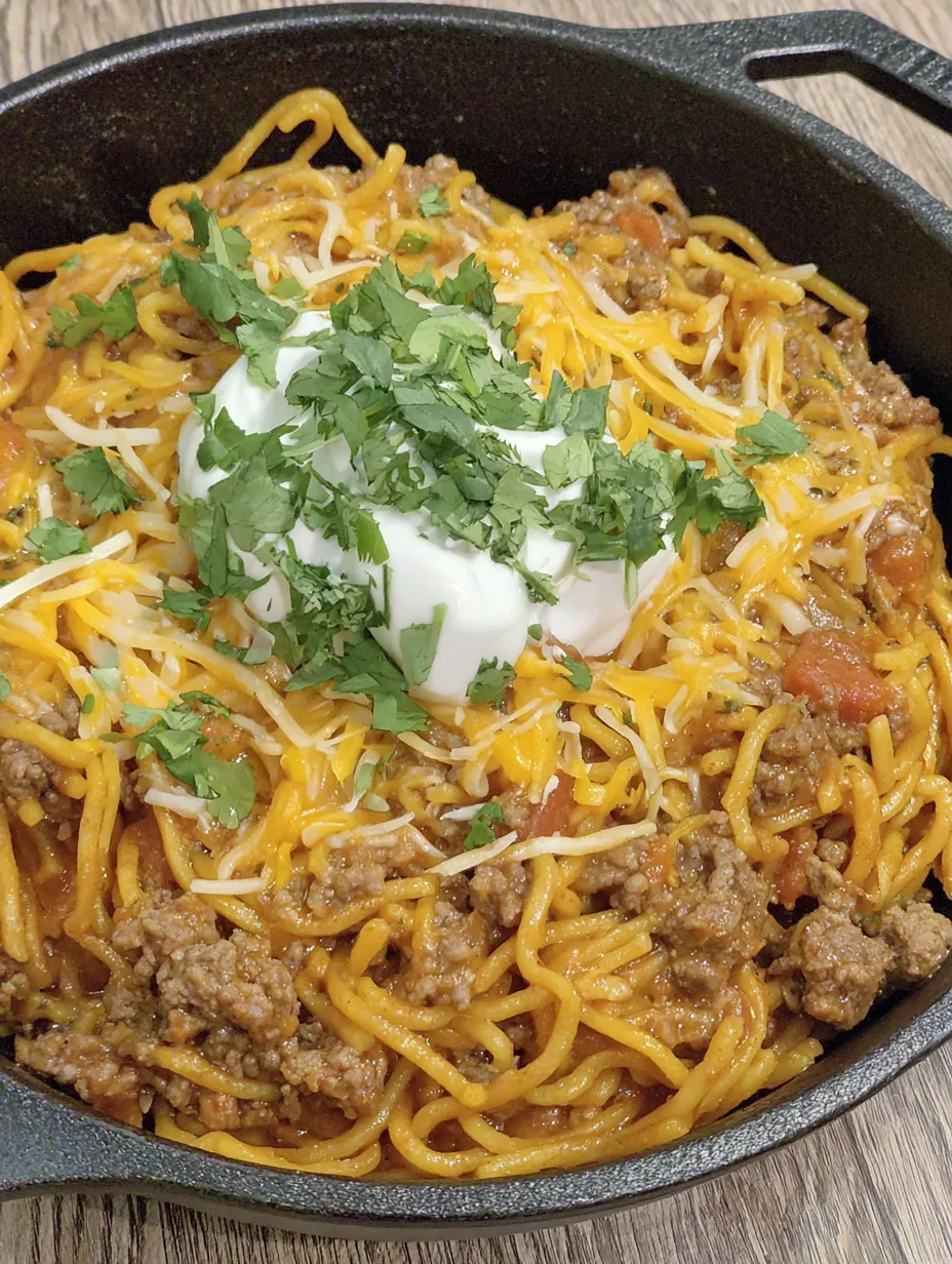 A bowl of beef enchilada fideo skillet.