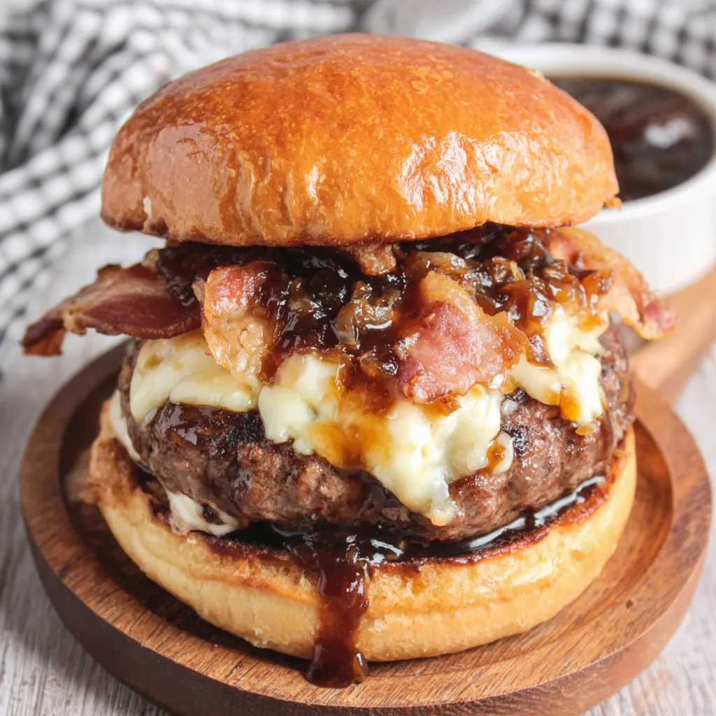 Burger with gooey cheese and bacon.