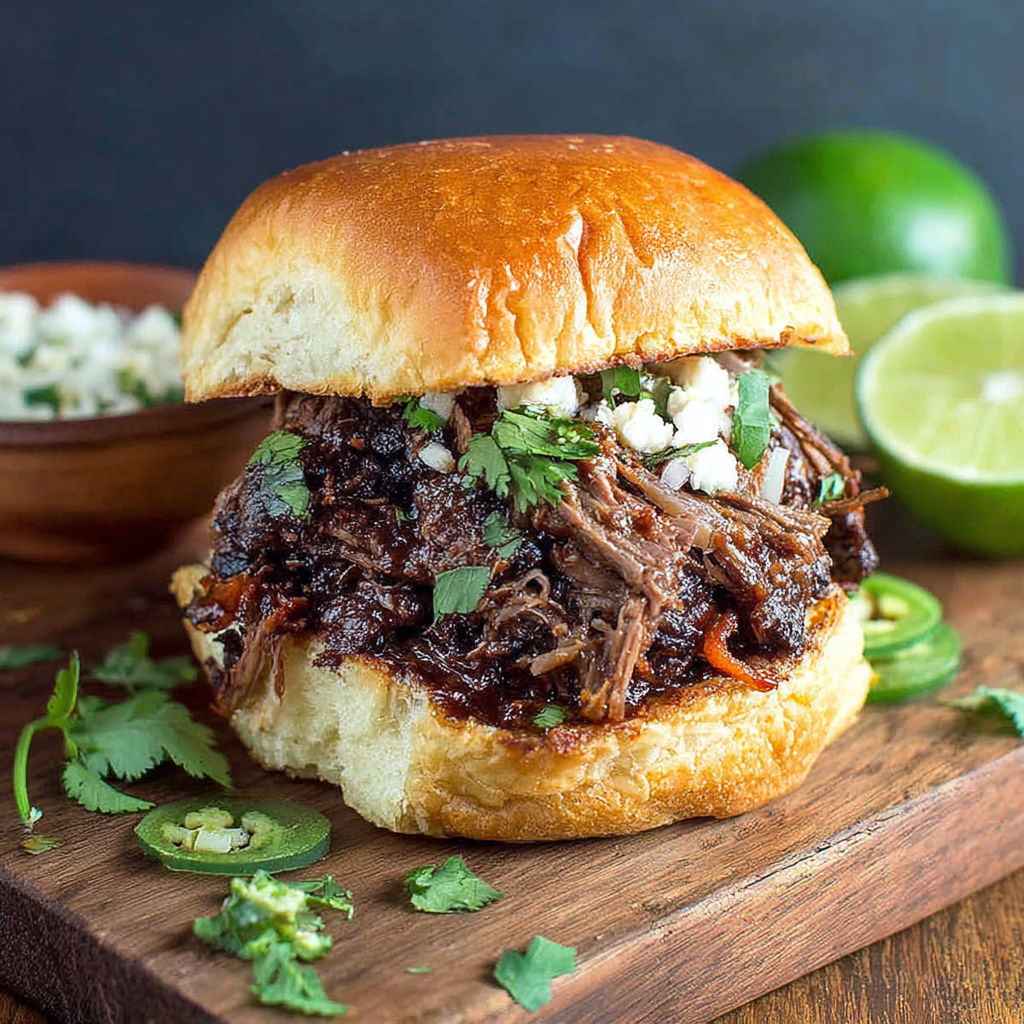 A smoked beef birria burger with cheese and onions.