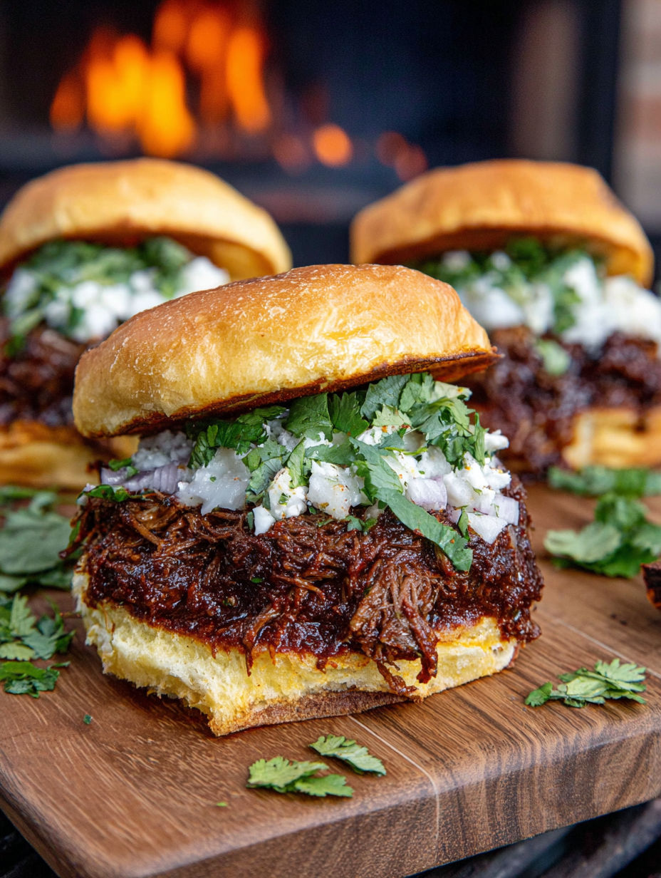 Close-up of a smoked beef birria burger.