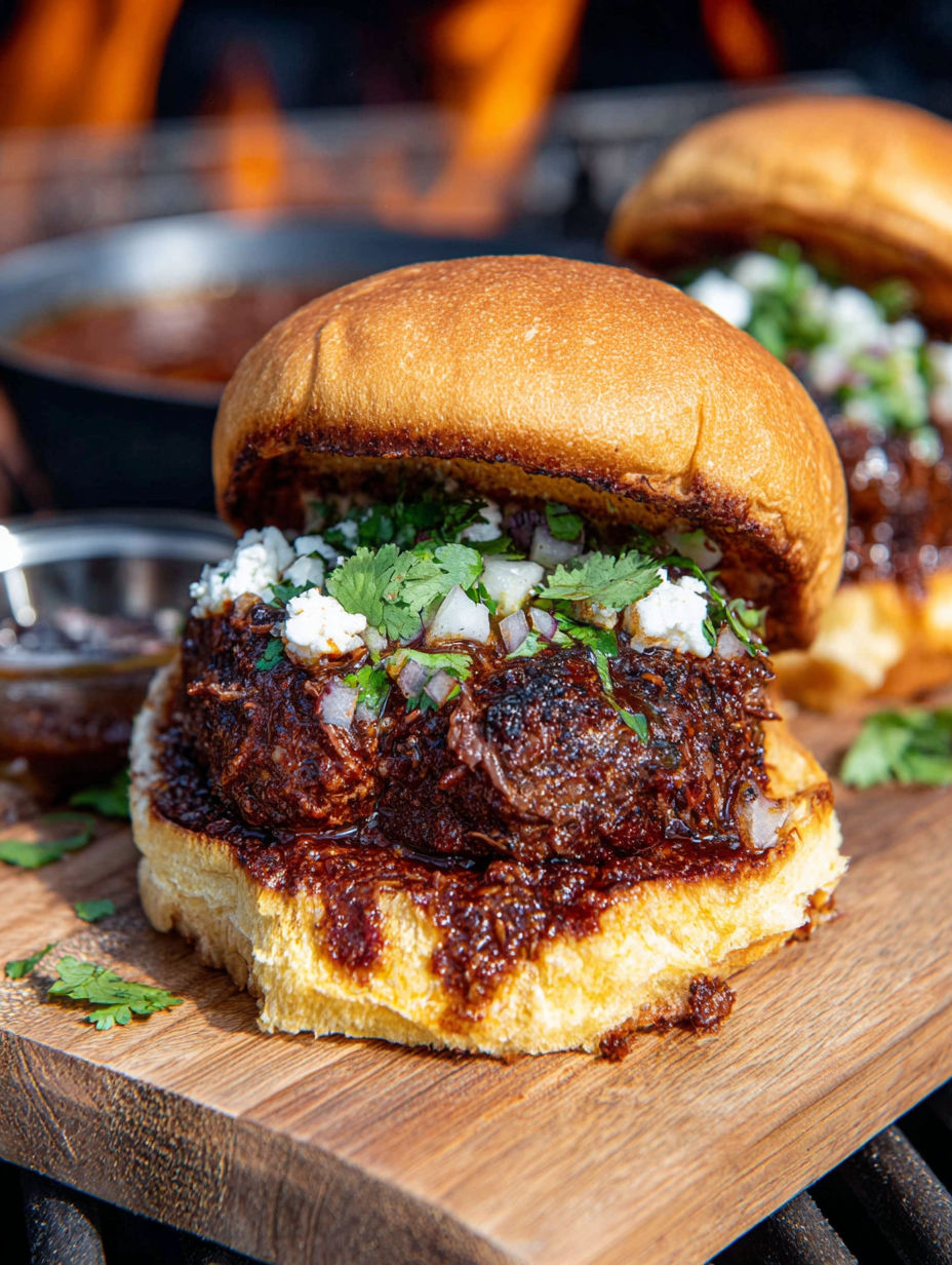 Two smoked beef birria burgers on a wooden table.