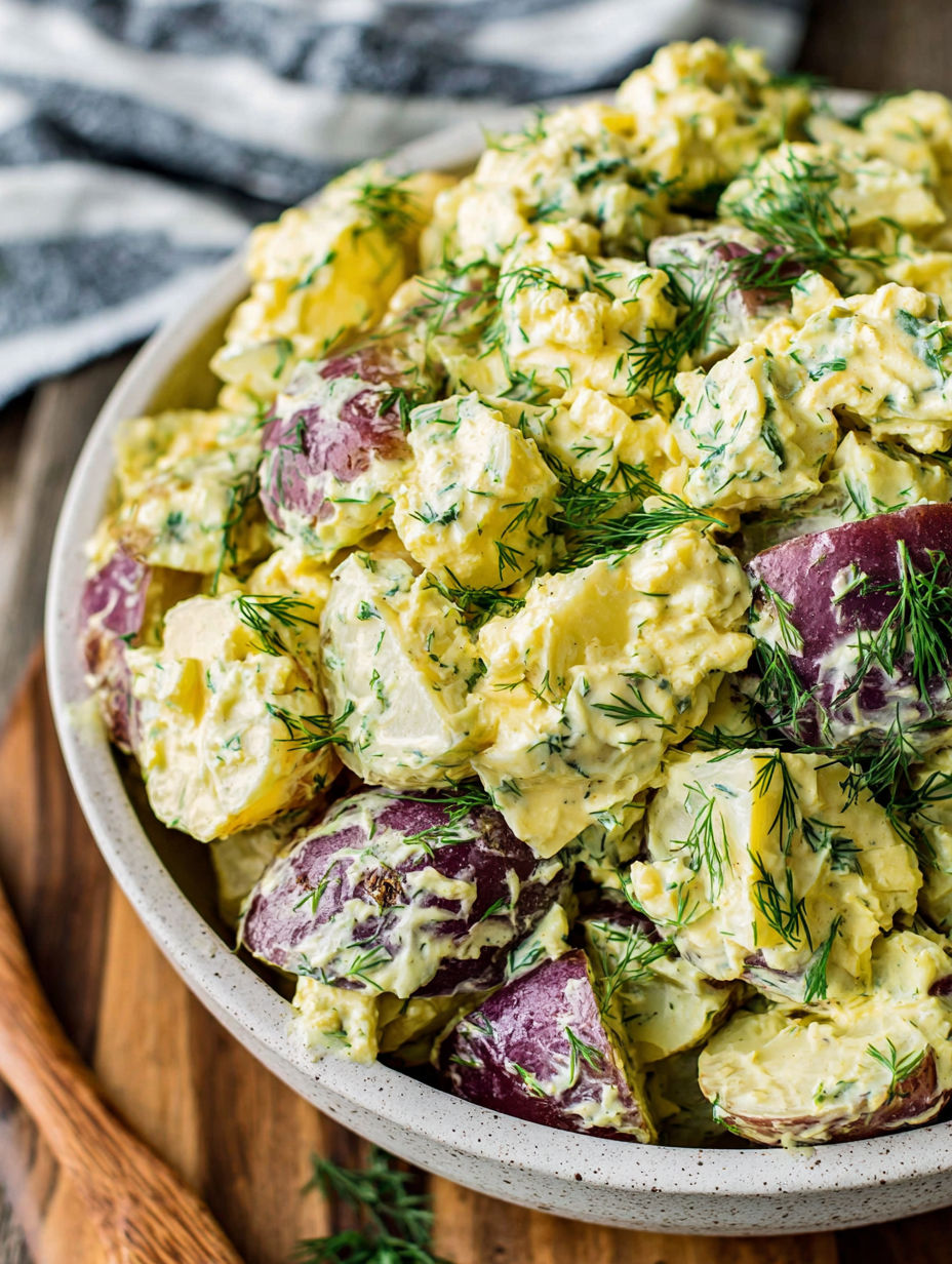A bowl of food with potatoes and eggs.