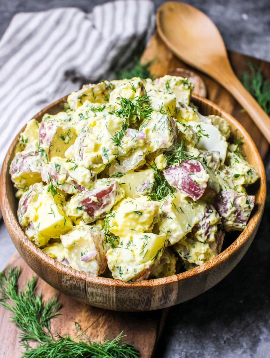 A bowl of potato salad with a wooden spoon.
