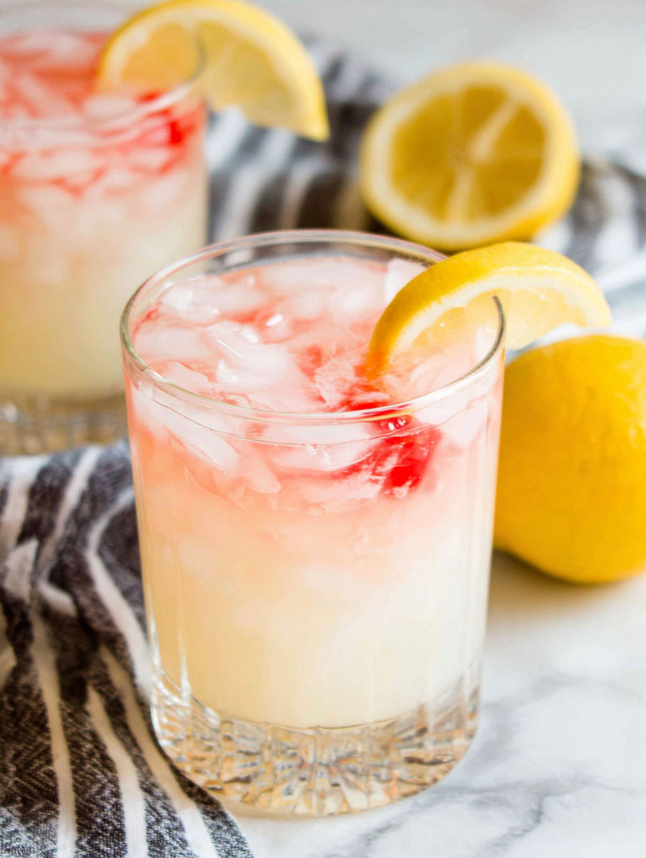 A glass of pink lemonade with a lemon wedge in it.