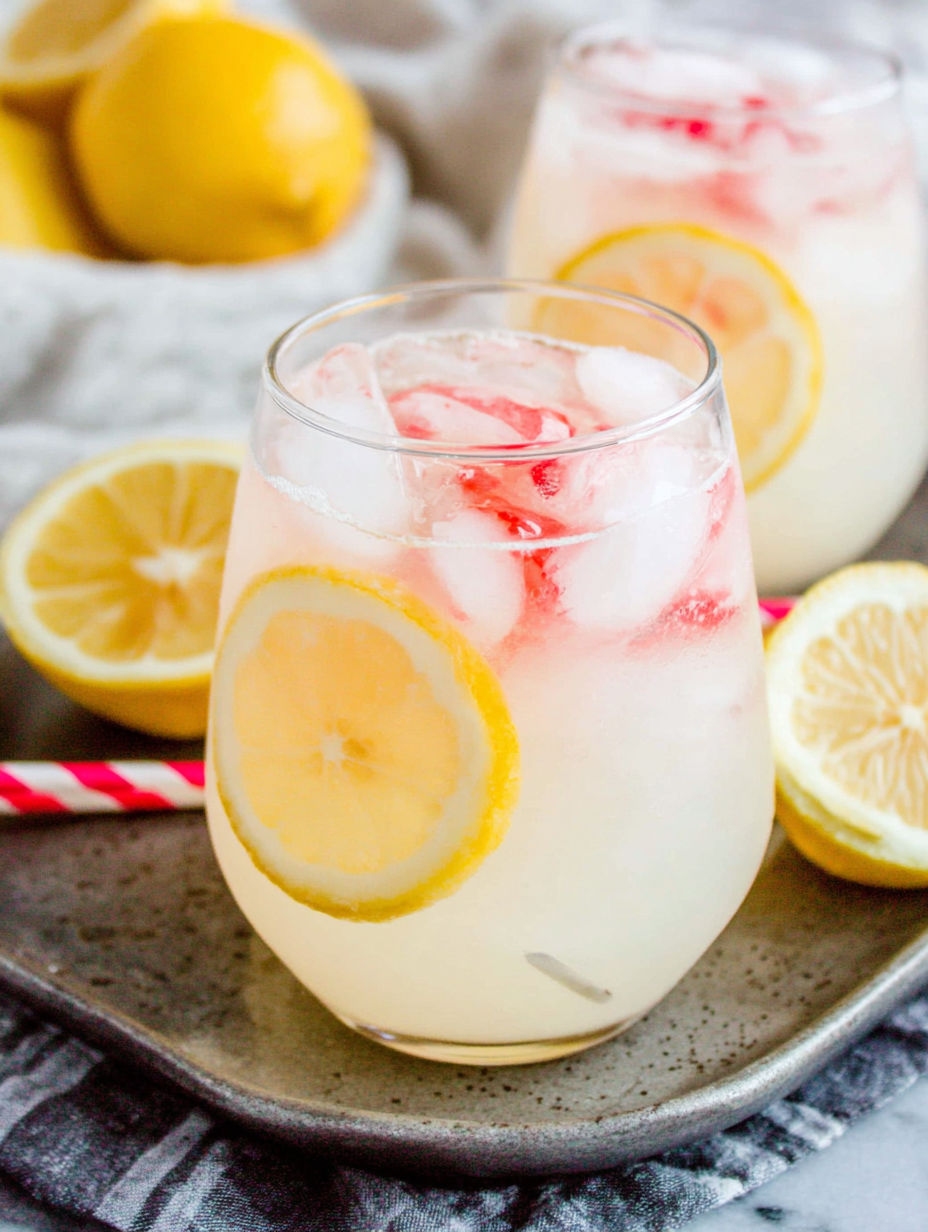 A glass of lemonade with lemon slices in it.