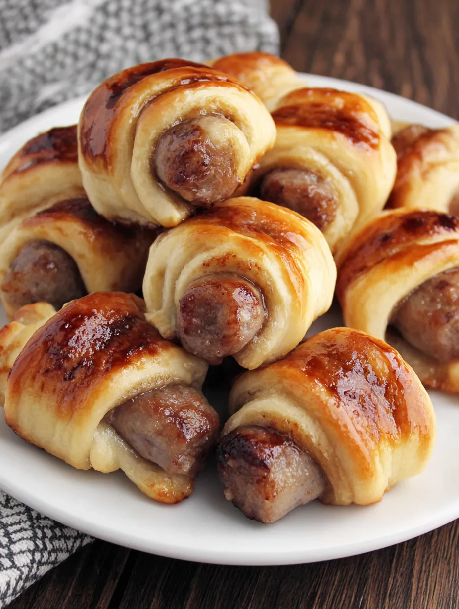 A plate showing off some breakfast pigs in a blanket.