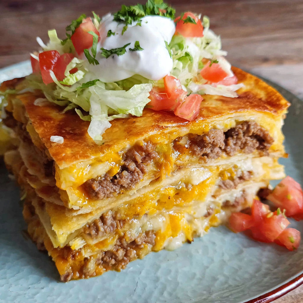 A stack of crunch wraps on a plate.
