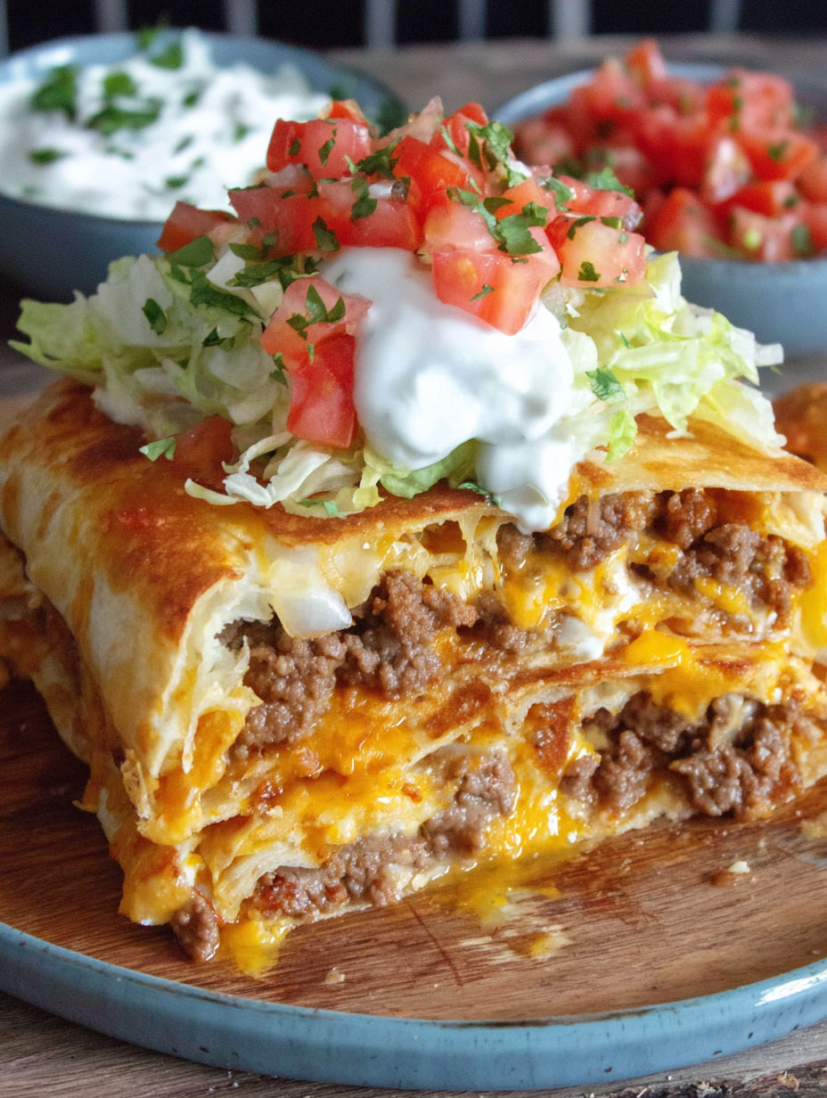 A tasty meal featuring a burrito topped with cheese and tomatoes.