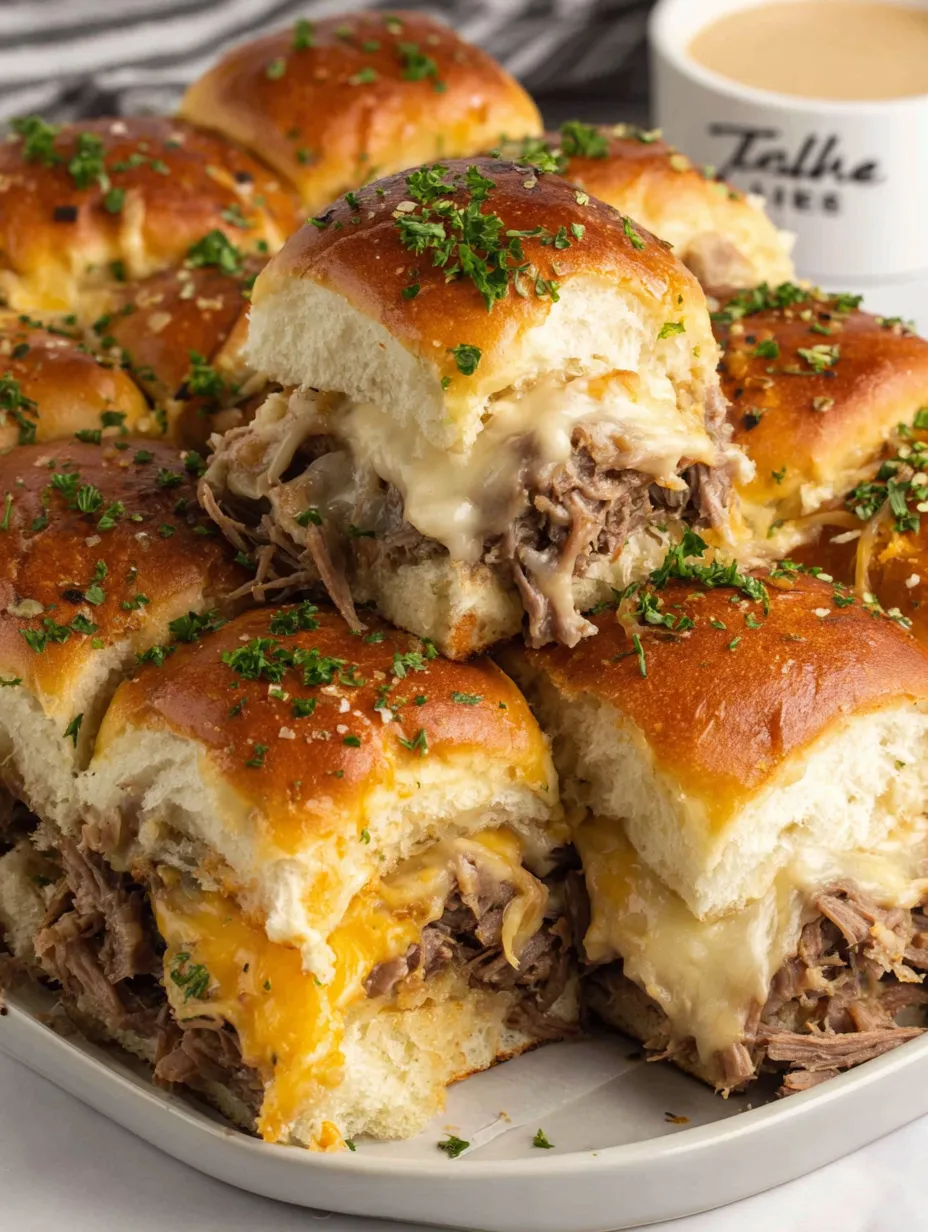 A plate with Hawaiian roll beef sliders on it.