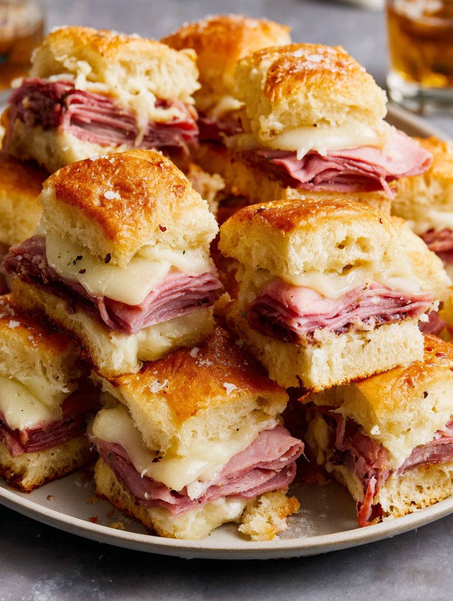A plate of sandwiches with meat and cheese.
