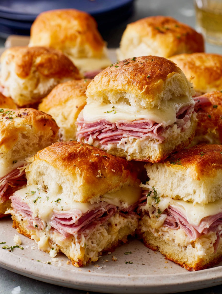 A stack of sandwiches with meat and cheese.