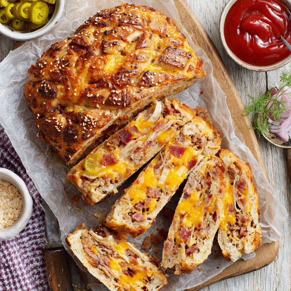 A loaf of bread is cut into slices and placed on a cutting board.