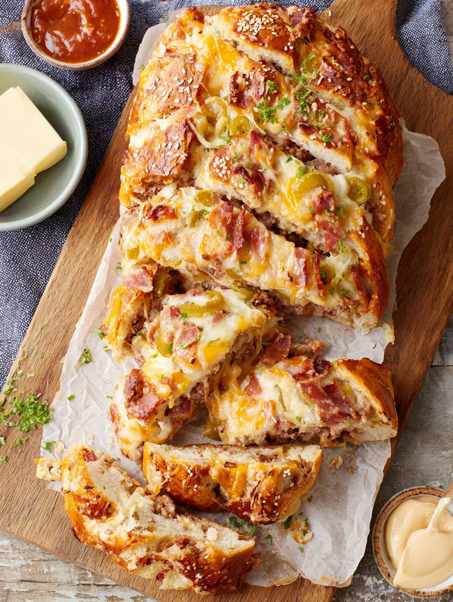 A slice of cheesy bacon bread.