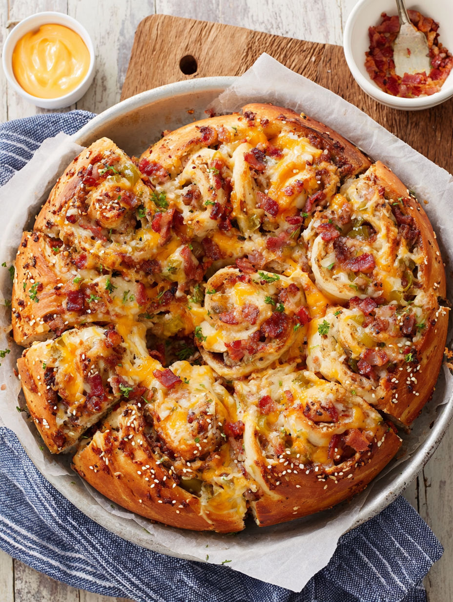 A pizza with cheese and bacon.