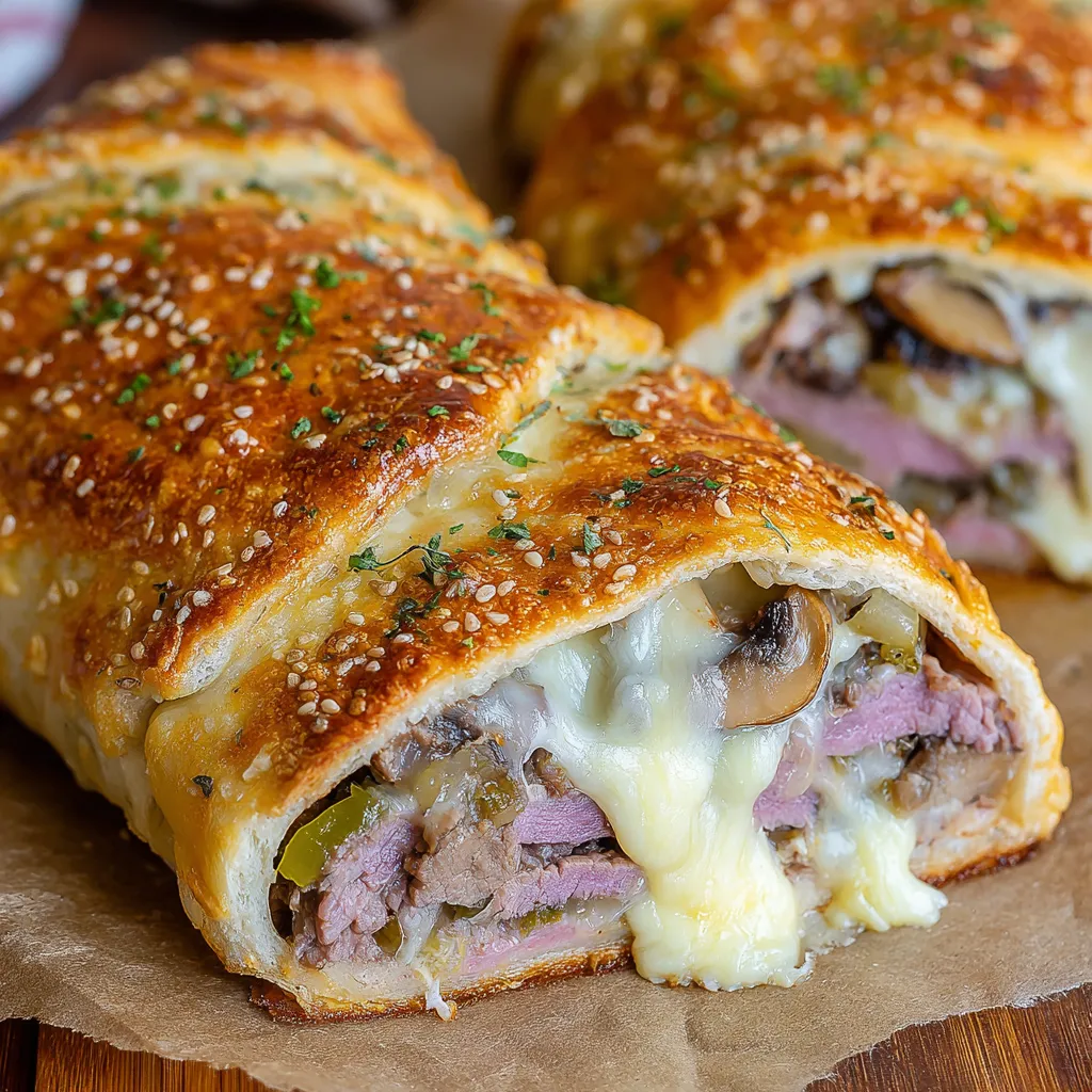 A warm cheesesteak-filled bread with veggies and cheese.