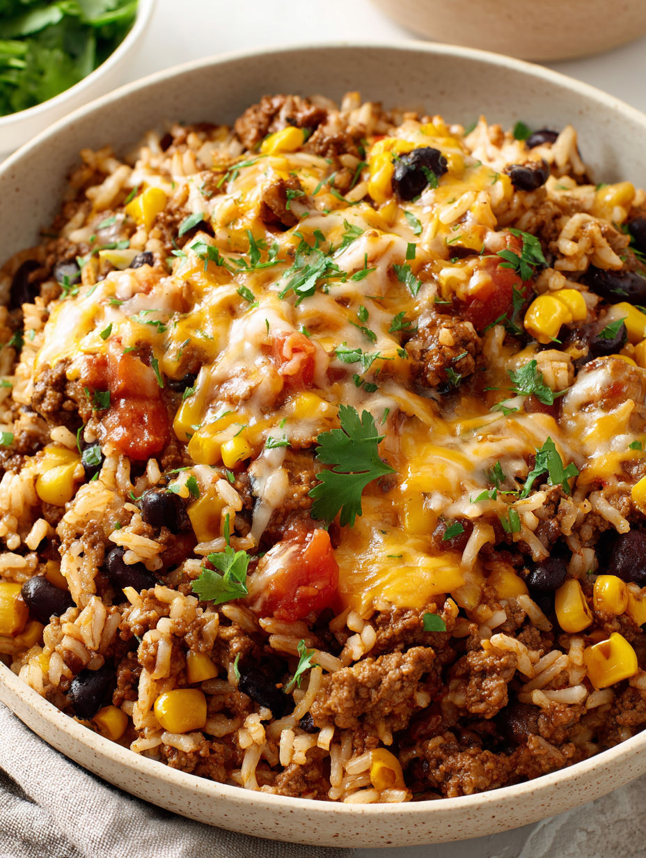 A bowl of food with rice, beans, corn, and cheese.
