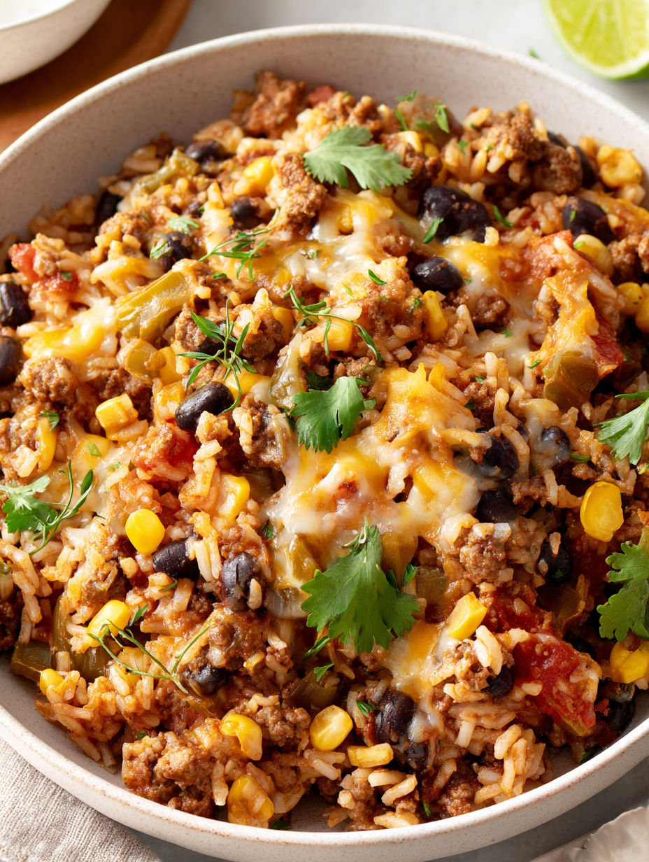 A bowl of food with rice, beans, and meat.