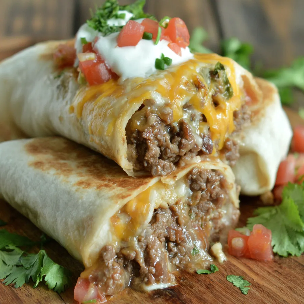 A burrito stuffed with meat and fresh toppings on a table.