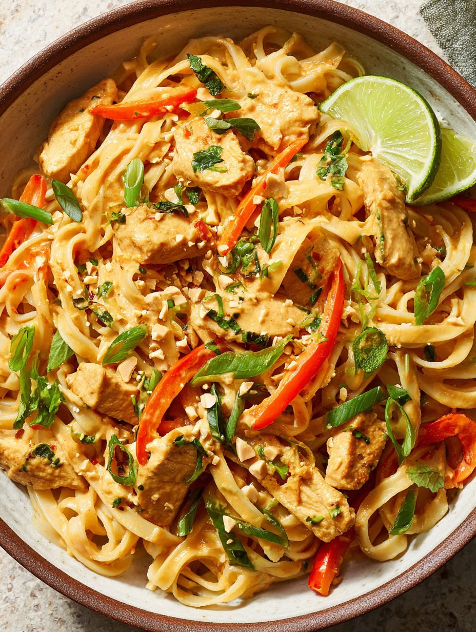 A bowl of noodles with chicken, peppers, and lime.