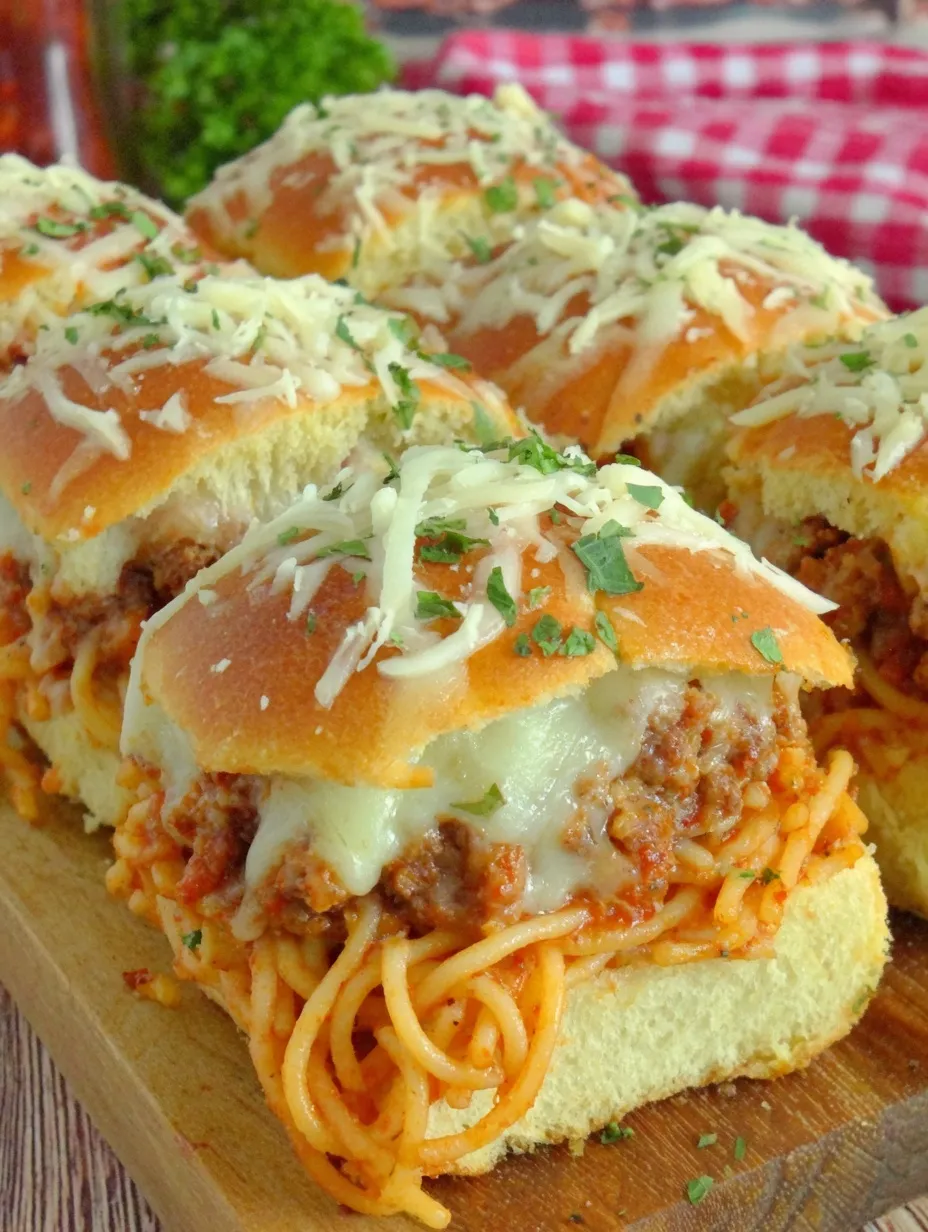 A plate showing sliders filled with cheesy spaghetti and sauce.