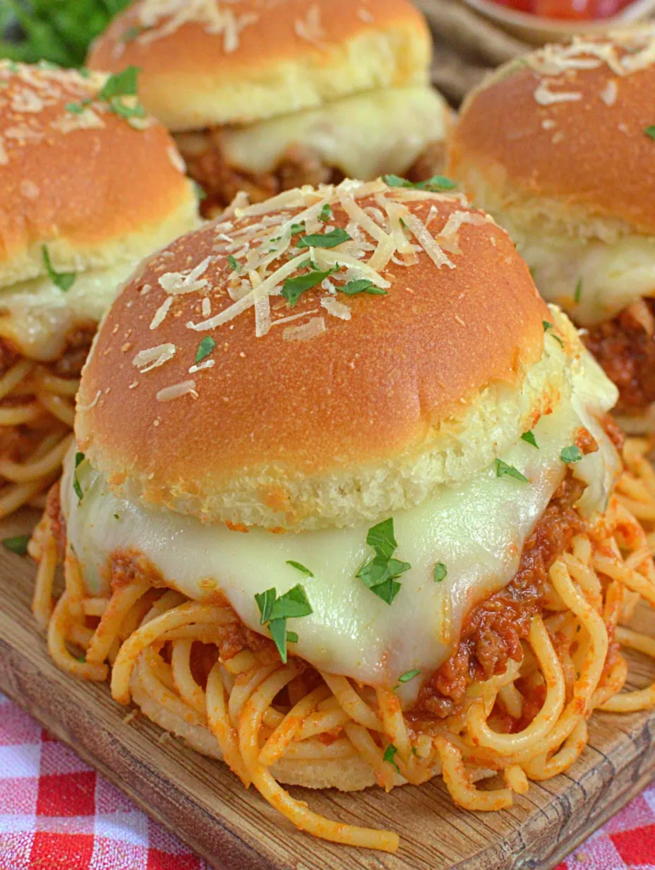 A plate showing sliders stuffed with spaghetti, melty cheese, and bits of meat.