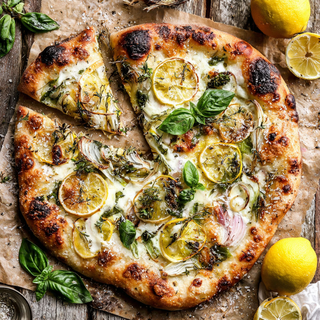 A slice of pizza with lemon and basil toppings.
