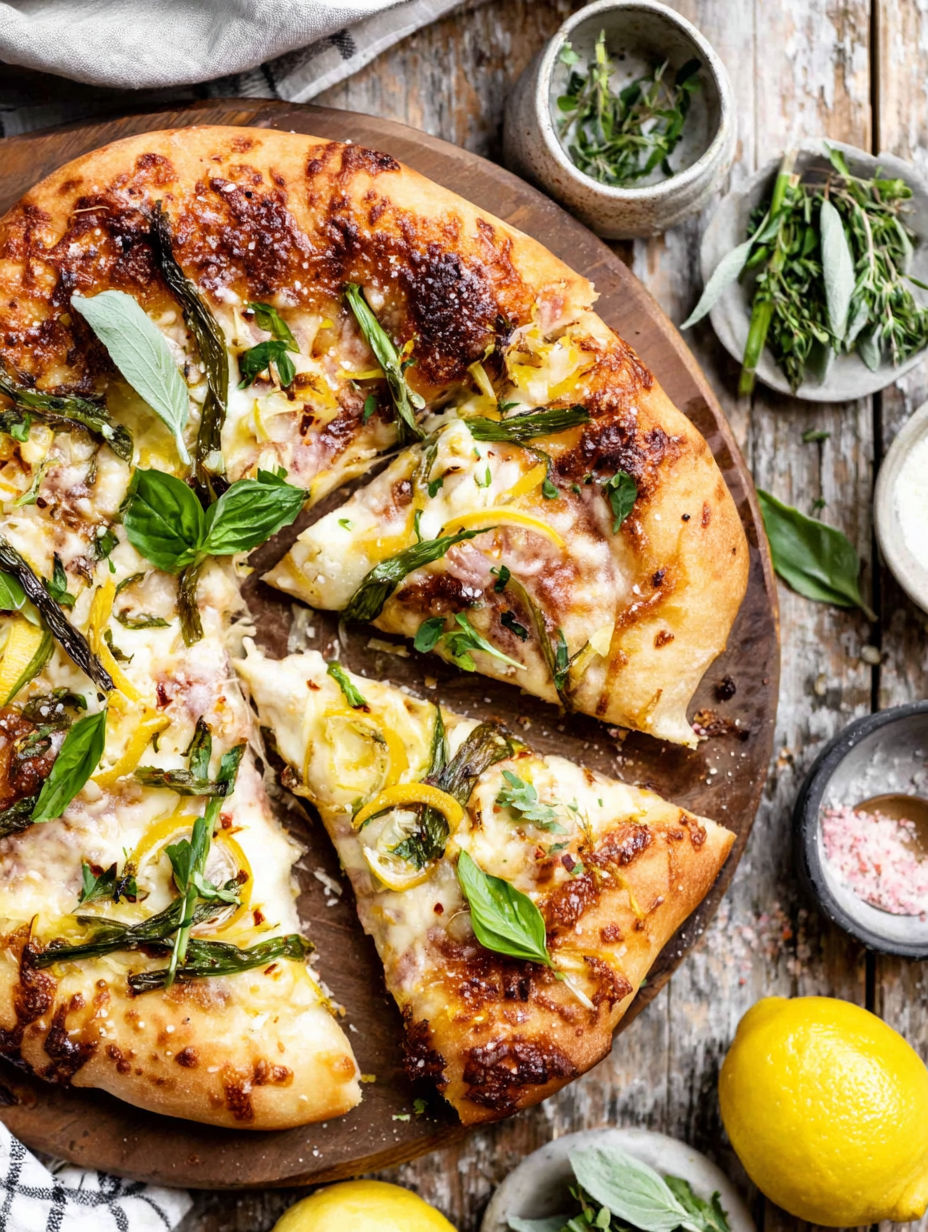 A pizza topped with green ingredients on a wooden board.