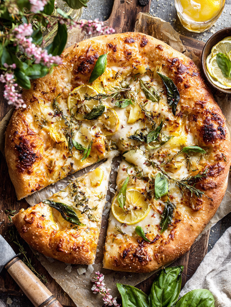 A slice of pizza topped with lemon and herbs.