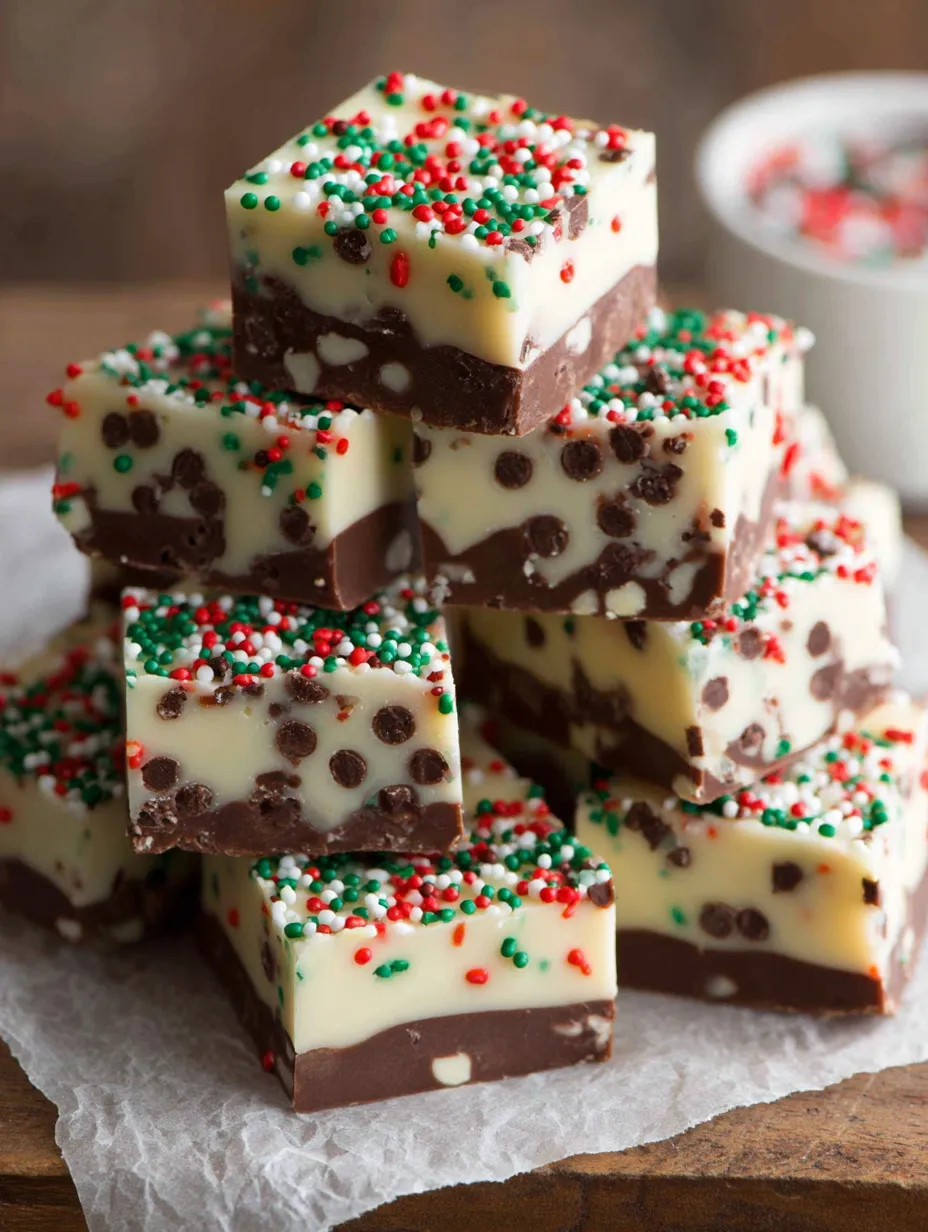 A stack of chocolate and white fudge bars.