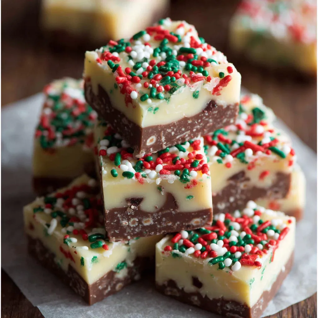 A stack of Christmas fudge squares.