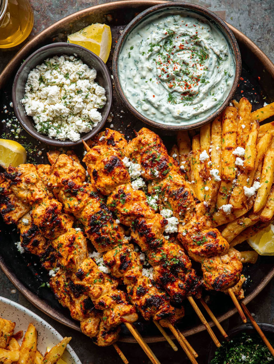 A plate of Greek chicken skewers and feta fries.