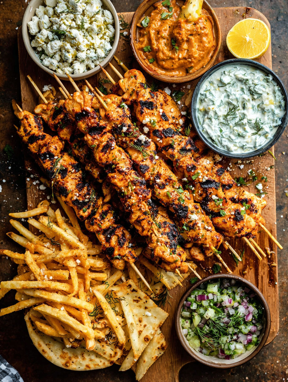 A platter of Greek chicken skewers and feta fries.