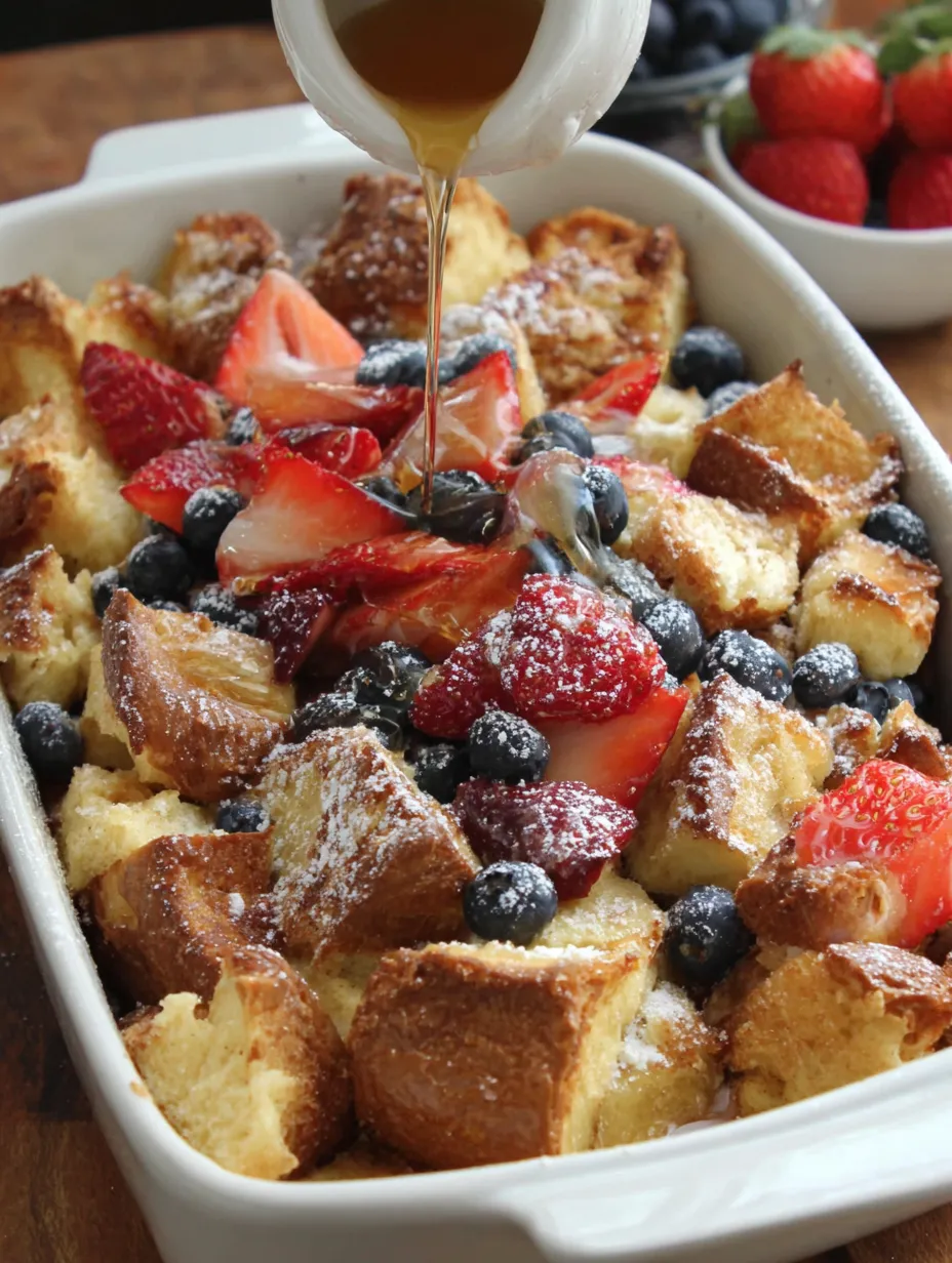 A bowl of French toast with berries and syrup.