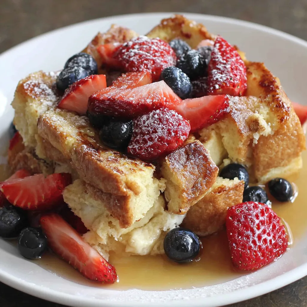 A plate of French toast with strawberries and blueberries.