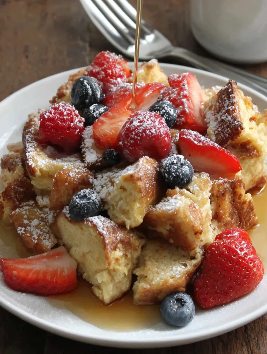 A plate of French toast with berries and syrup.
