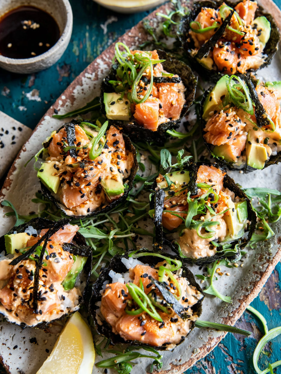 A plate of sushi with rice, avocado, and tuna.