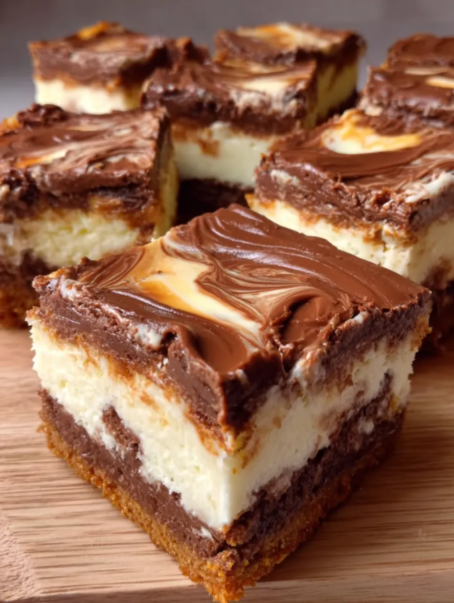 Nutella cheesecake bars on a wooden table.