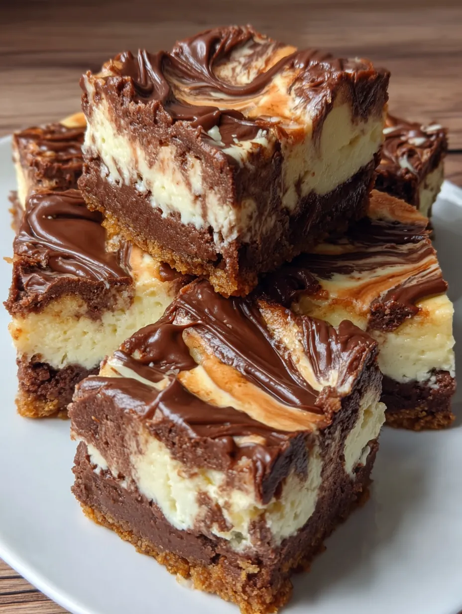 Nutella cheesecake bars on a white plate.