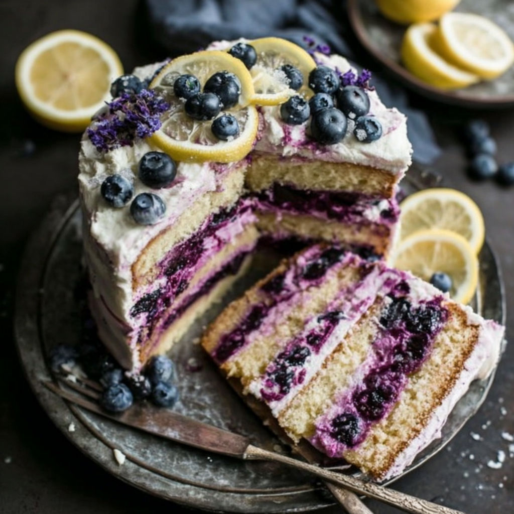 A slice of blueberry lemon layer cake.