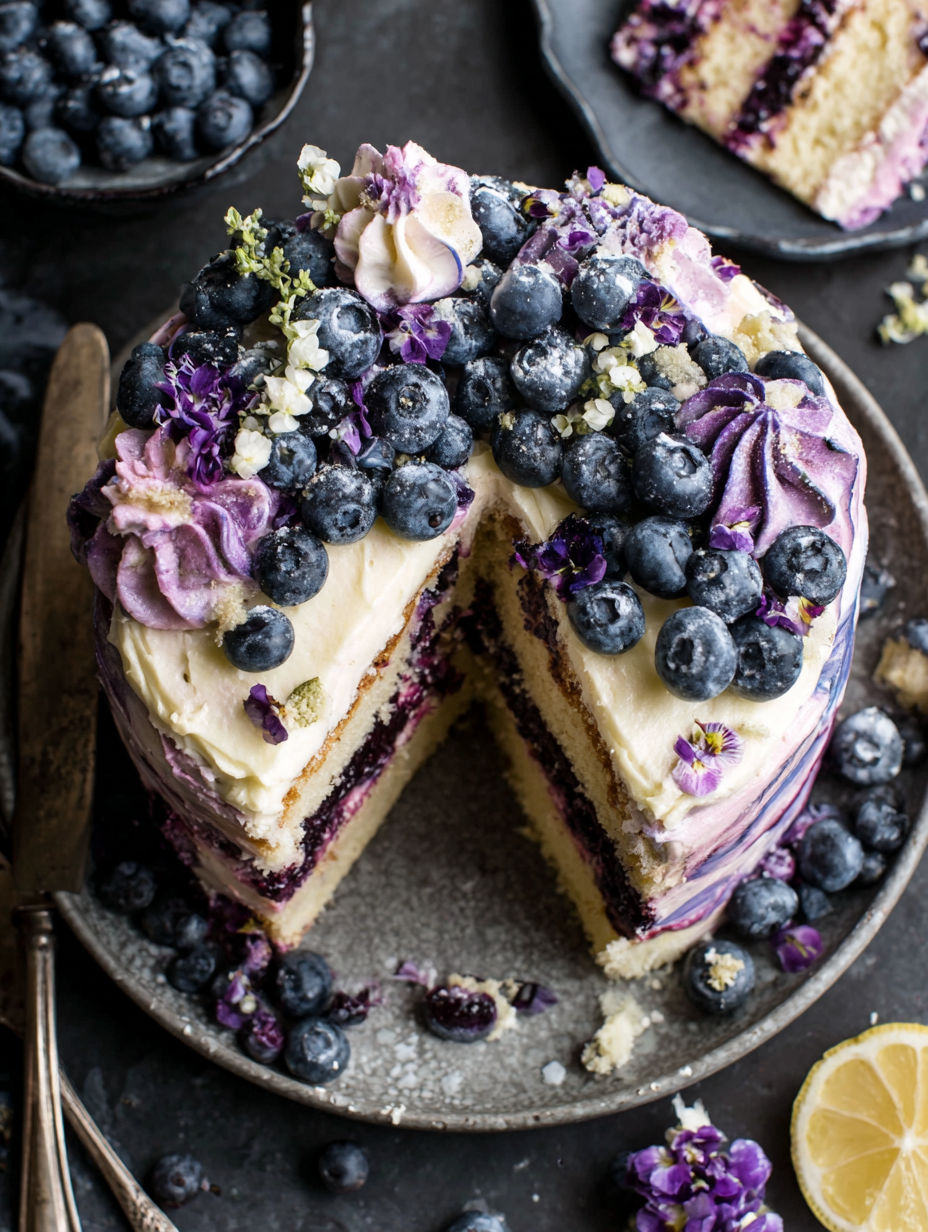 A slice of cake with blueberries on top.