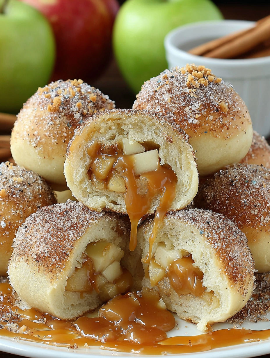 A stack of doughnuts with apple filling and caramel sauce.